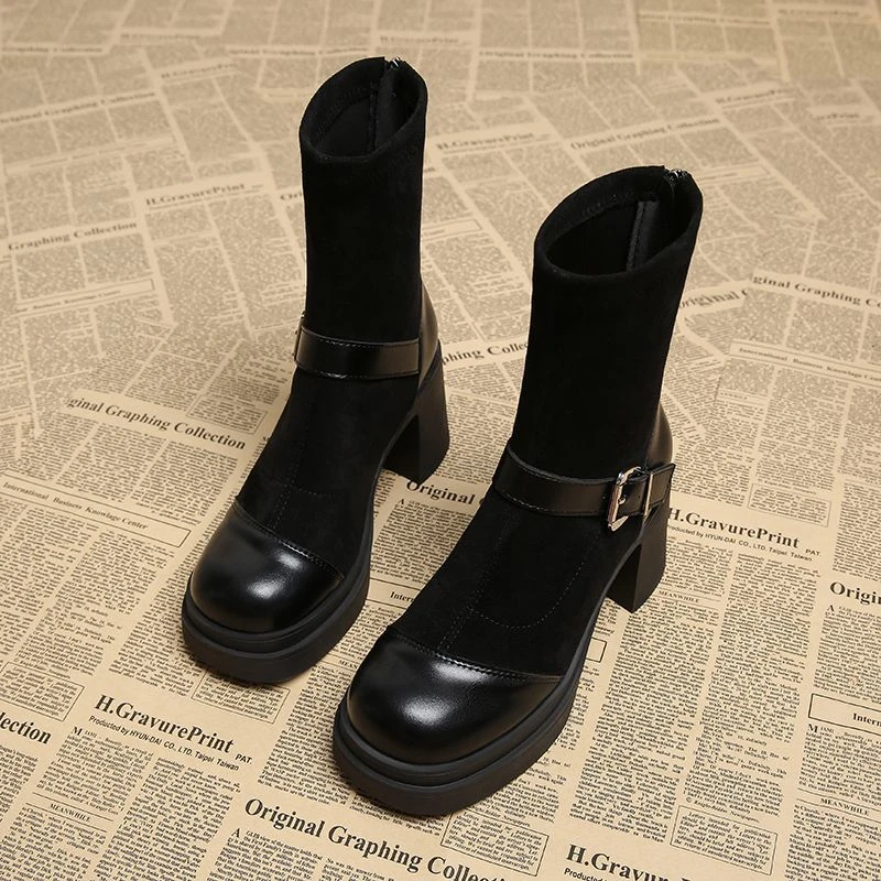 Women Platform Chunky High Heel Ankle Boots Round Toe Buckle Strap Suede Patchwork Stretch Sock Booties Back Zipper Shoes view 5