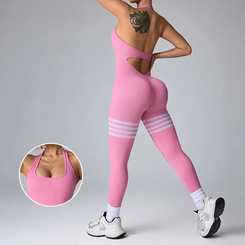 

New Neckband Jumpsuits Women Striped Skinny Bodysuit Seamless Sexy Backless Sportwear Workout Running Yoga Jumpsuit Pants