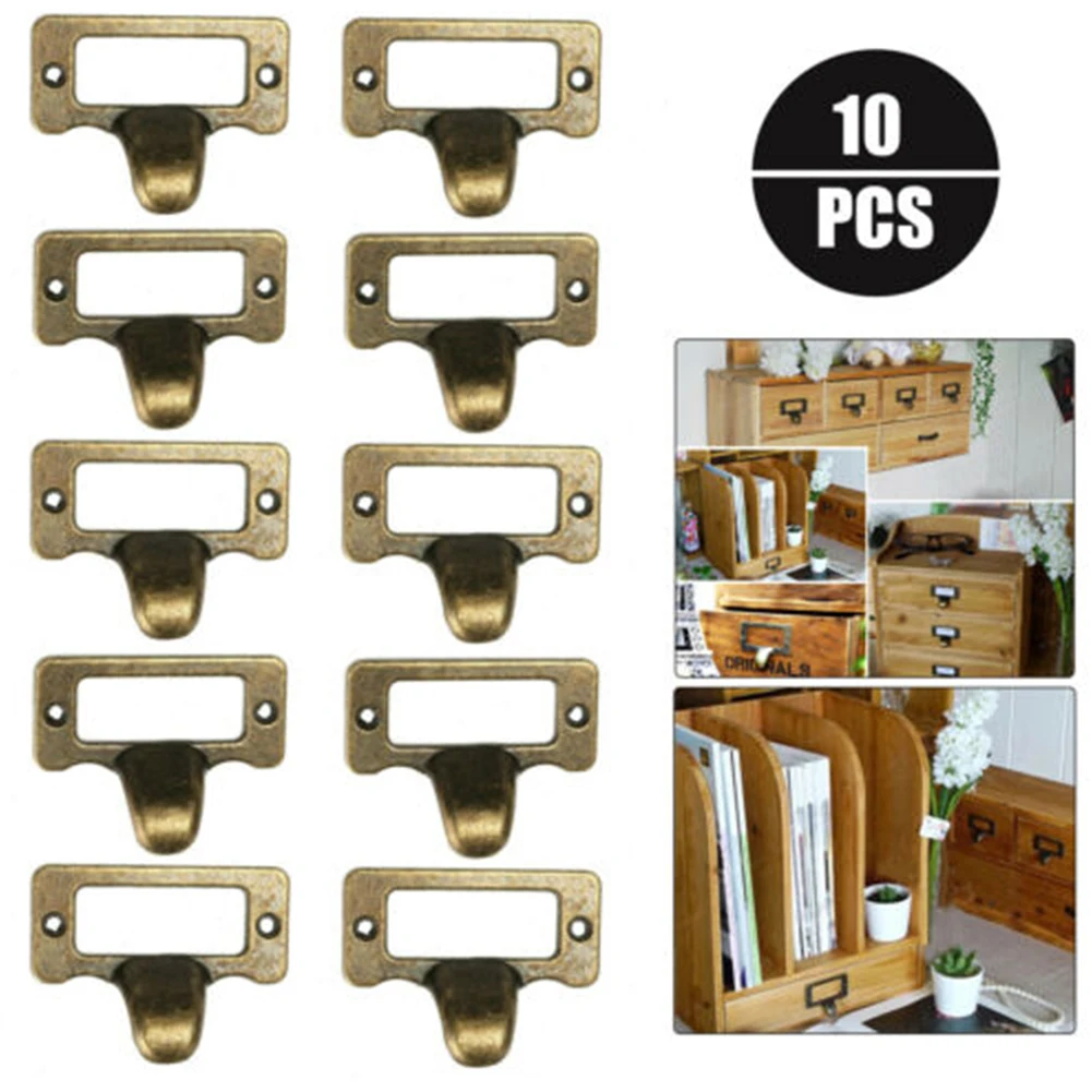 Drawer Label Pull 10pcs 58mm*45mm Zinc Alloy Antique Brass Cabinet Cupboard File Handles Holder Screws Brand New