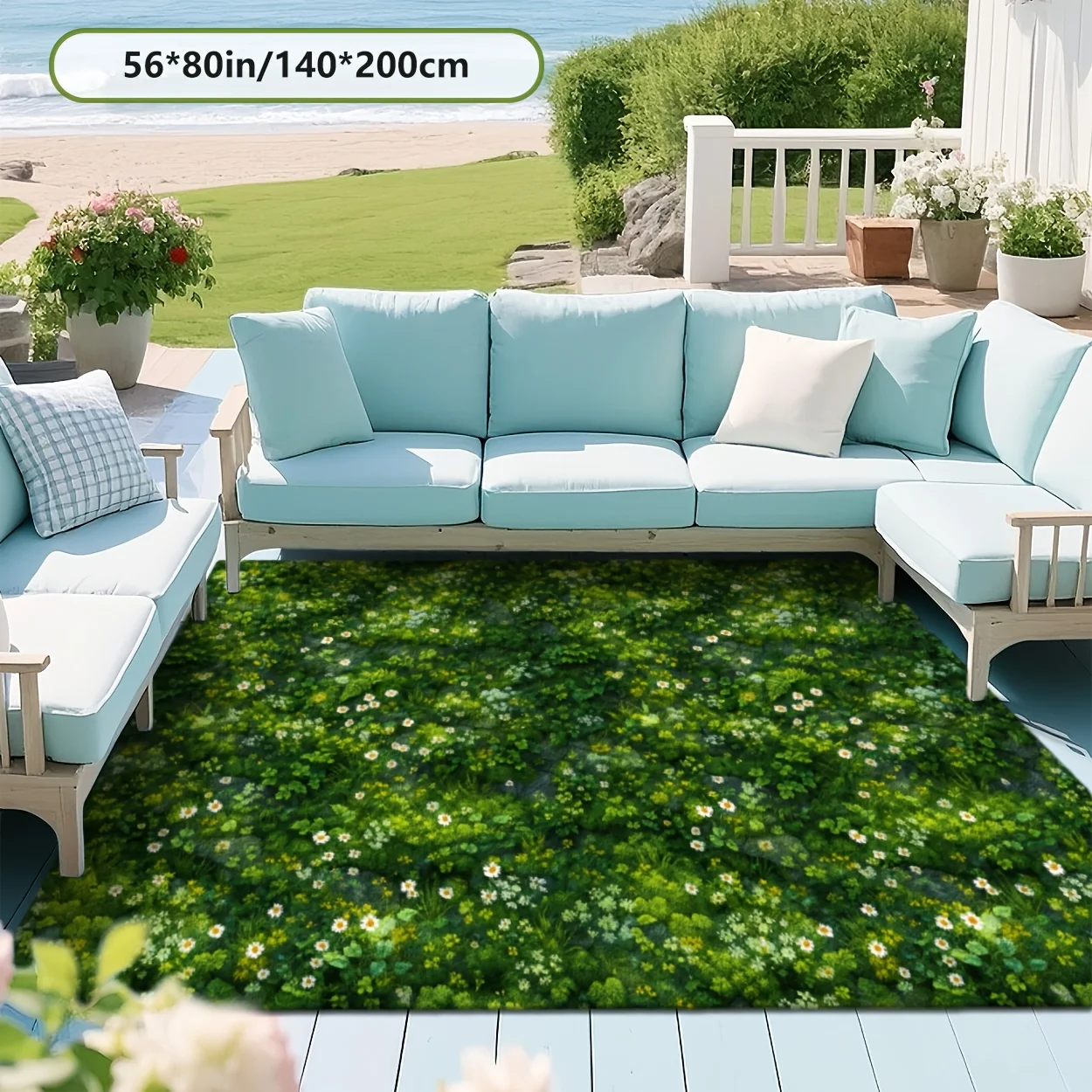 Lush Green Meadow Daisy Print Outdoor Decor Rug,Vivid Nature‑Inspired Floor Mat for Patio Terrace Indoor Outdoor Home Decoration