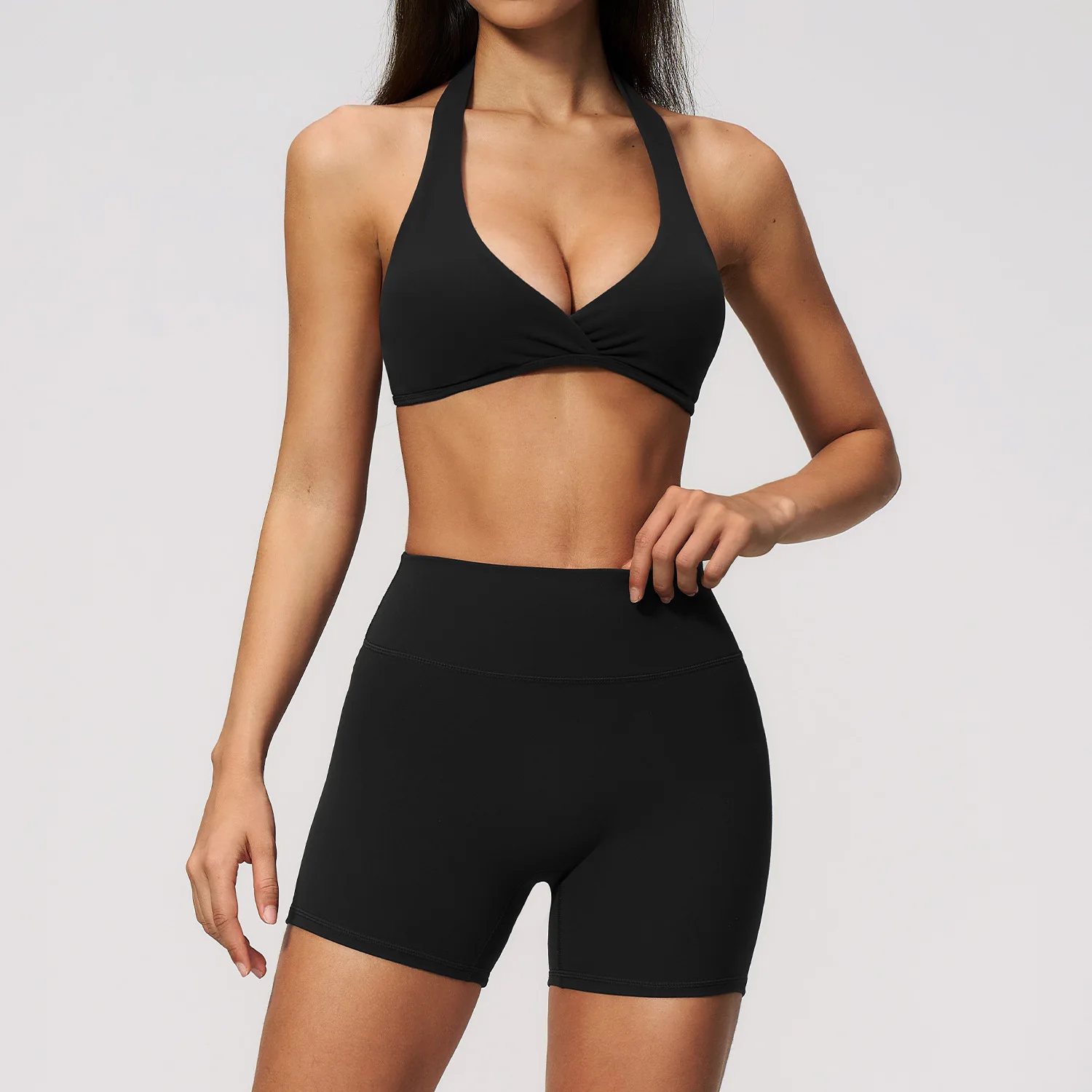 Premium Women's 2-Piece Workout Set Halter Twist-Front Sports Bra and High Waist Biker Shorts Seamless Gym Matching Outfit with