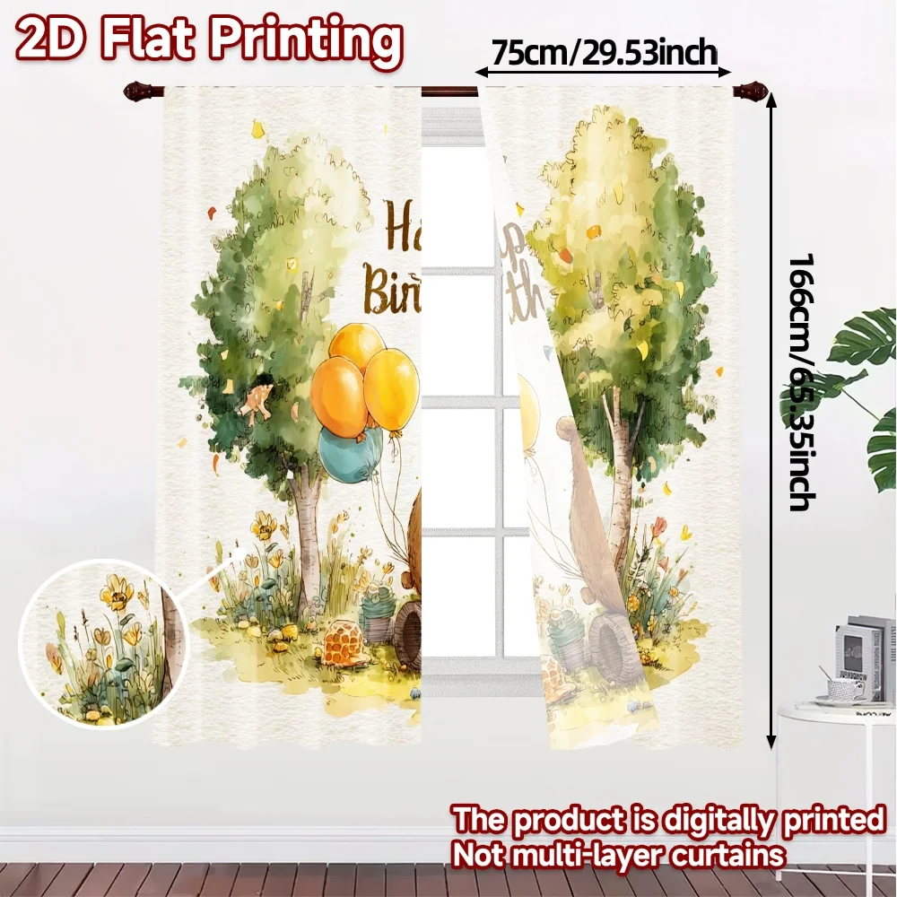 2pcs, 2D FLAT PRINTING Curtains (Without Rod) BearBirthday Modern Window Curtain Durable 100% Polyester Fabric Curtains Festive