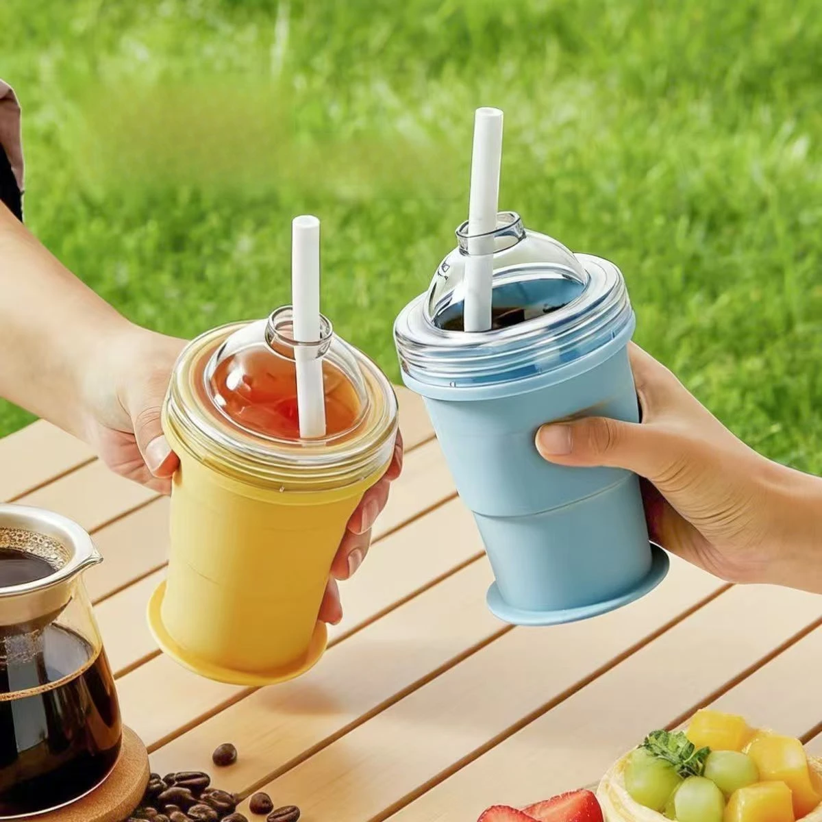 2 in 1 Foldable Ice Ball Water Bottle Portable Summer Travel Mug with Straw Food Grade Silicone Ice Maker Reusable Drinking Cup