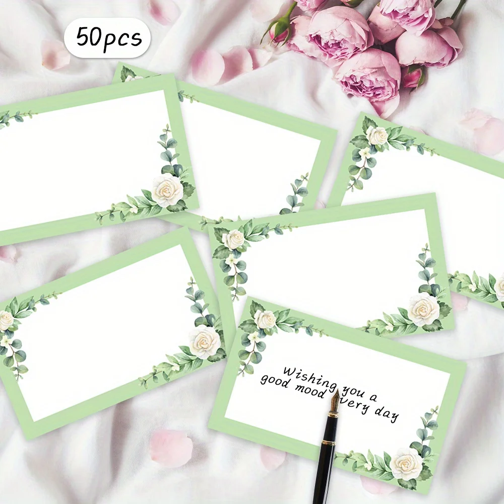 50PCS Green Floral Blank Message Cards, Elegant Pocket Wallet Cards Suitable for Business, Gifts, Birthdays, and School Supplies