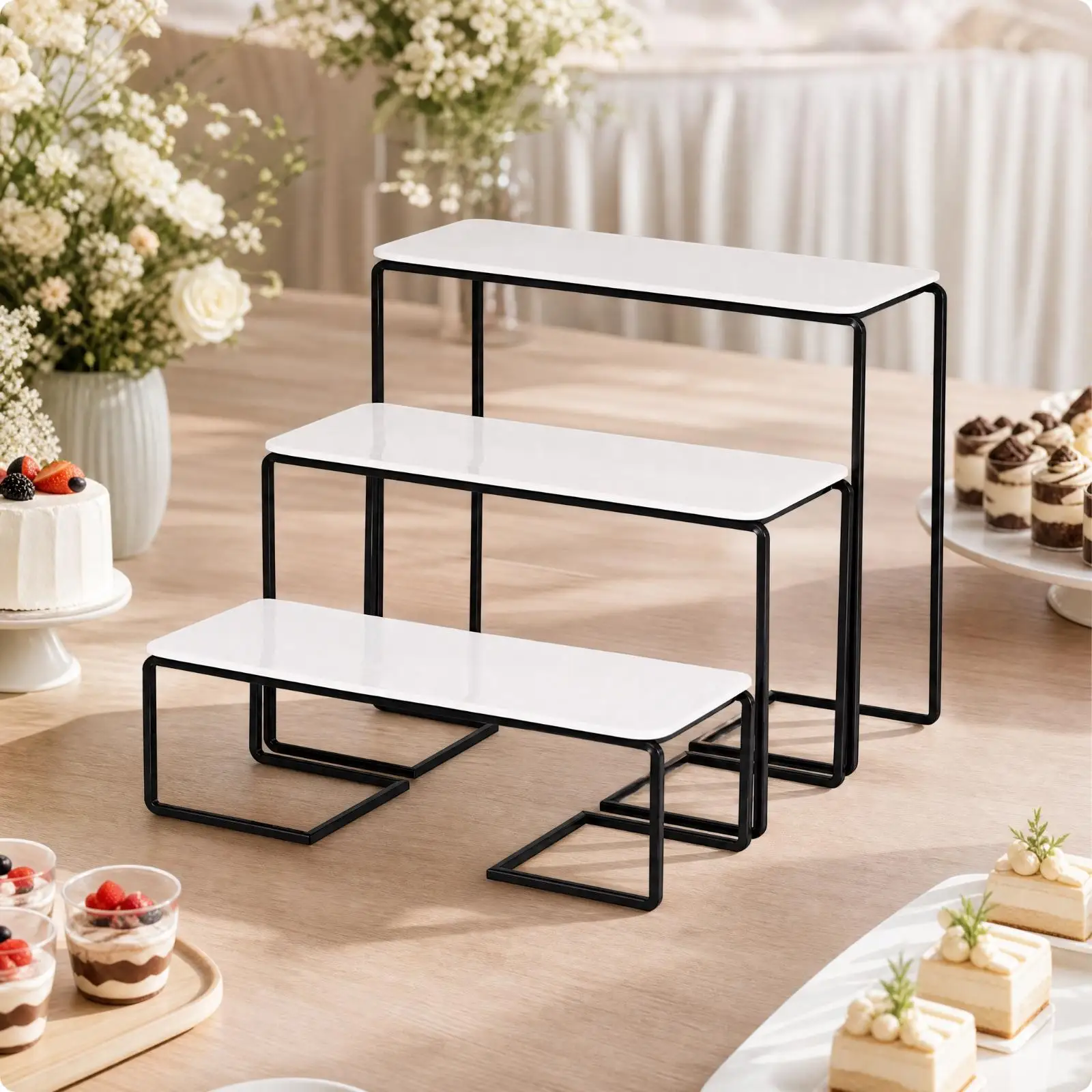 Elevated Dessert Display Stand Rectangle Metal Frame for Pastry Showcase Wedding Buffet Table Snack Catering Riser