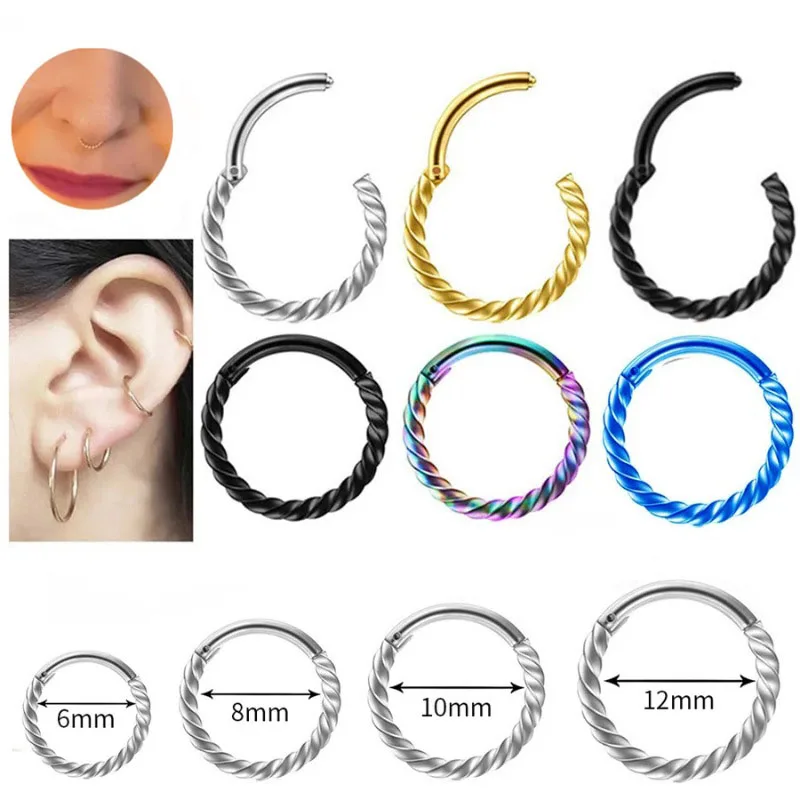 2Pcs 316L Stainless Steel Twist Hinged Septum Nose Rings Hoops for Women Men, Septum Clicker Cartilage Tragus Helix Ear Piercing