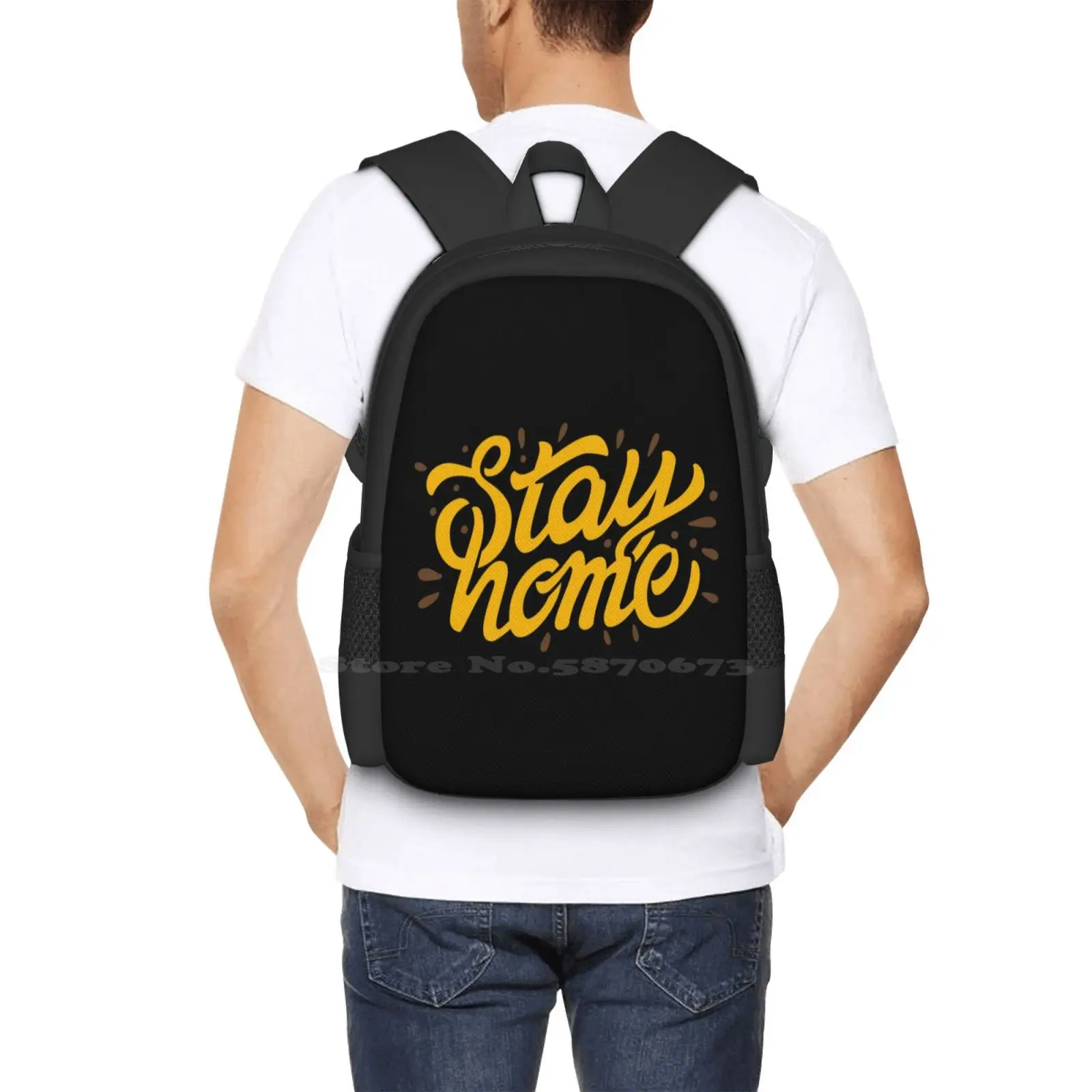 Stay Home - Slogan Máscara Facial Design Pattern Laptop Bag, Mochilas Escolares de Viagem, Tipografia Lettering, Empatia, Comunhão Chill