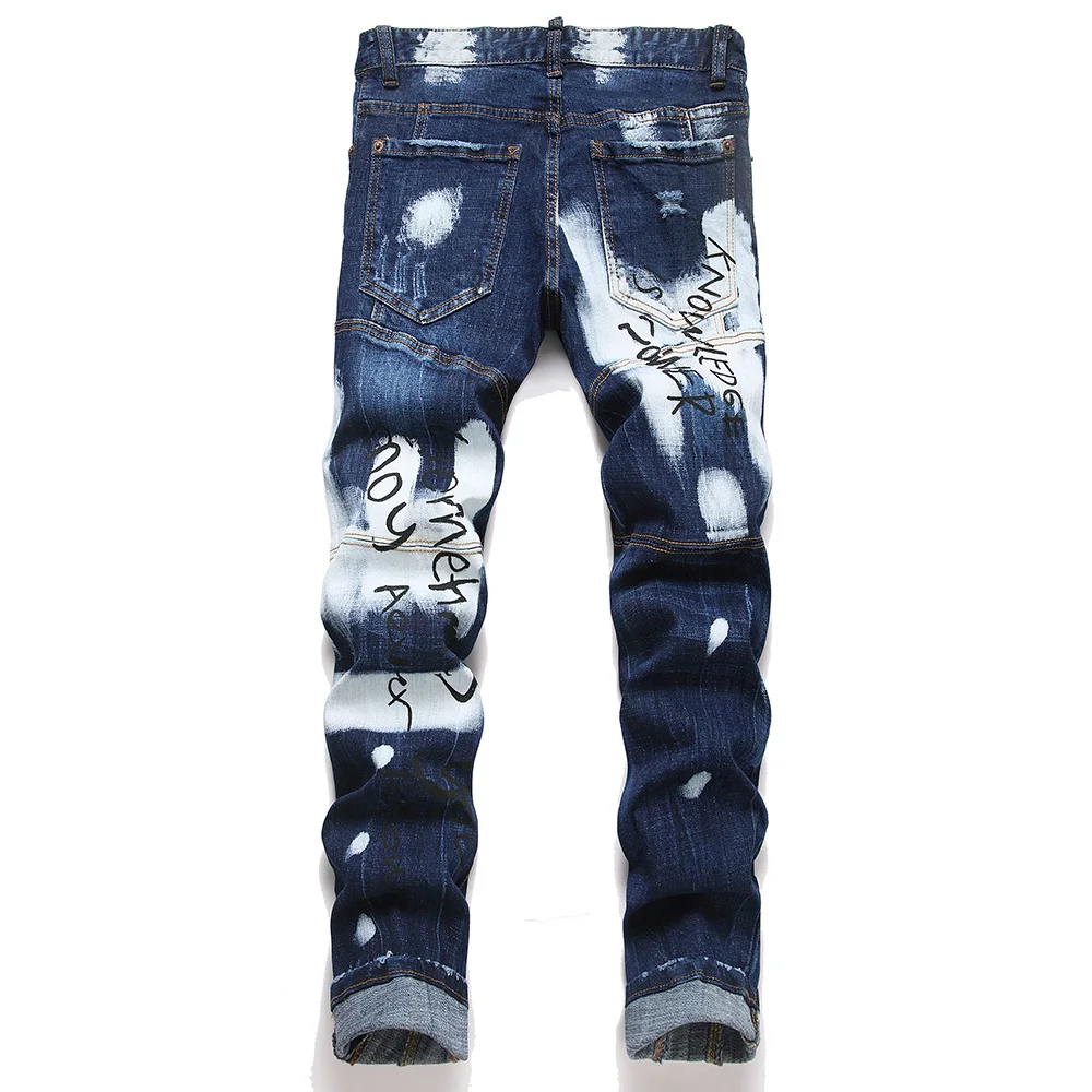 Men Letters Printed Denim Jeans Holes Ripped Patchwork Spliced Pants Button Fly Slim Tapered Stretch Trousers