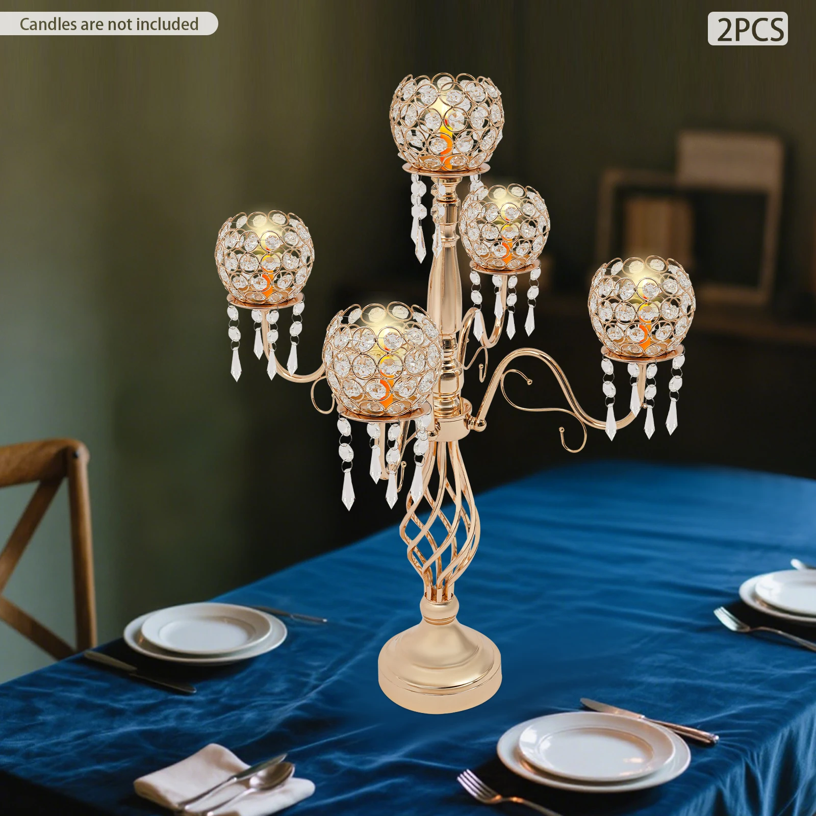 

5-Arm Crystal Candelabra Set of 2, 26 Inch Gold Elegant Table Centerpiece for Wedding Dining Party, Luxury Candle Holders