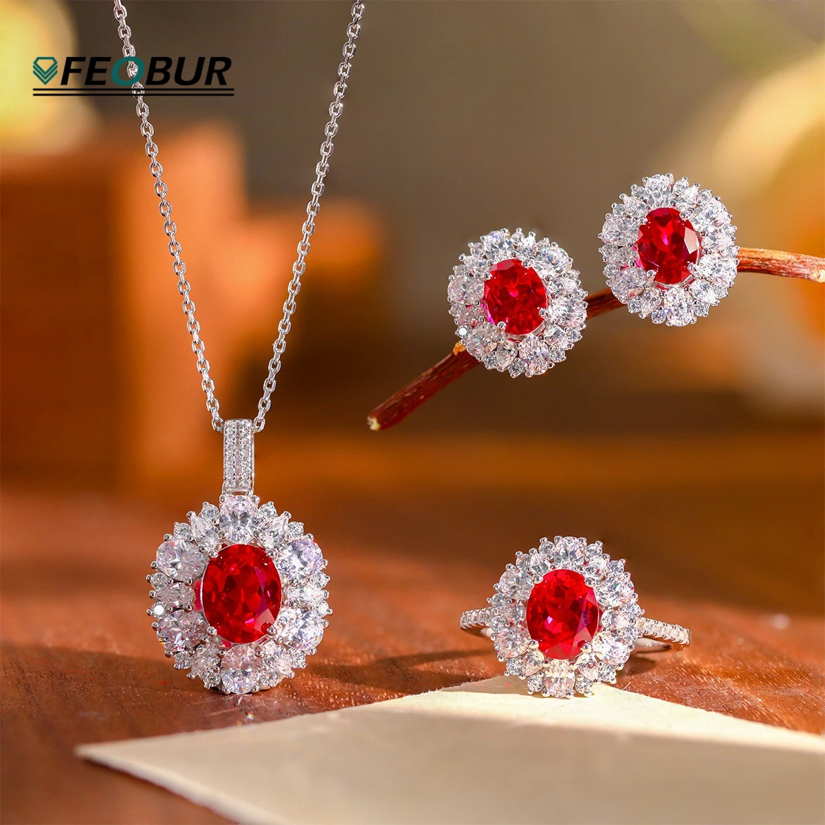 

3ct Oval Lab Grown Ruby Necklace Earrings Jewelry Set for Women Luxury Gems 925 Sterling Silver Ring Bridal Wedding Set Gifts
