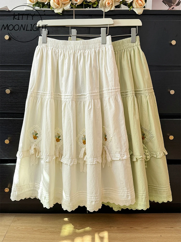 

Vintage Embroidery Elastic High Waist Skirts For Women Autumn Japanese Mori Girl Ruffled Long A-Line Skirt Jupe Femme Faldas