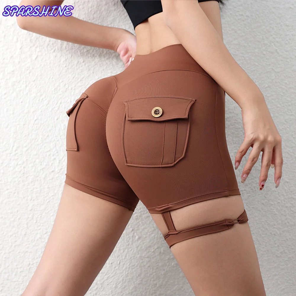 

American Workwear Pocket Butt-Lifting Fitness Shorts Women's Tight Leg Hoop Sports Pants Ladies Stylish Peach Hip Yoga Trousers