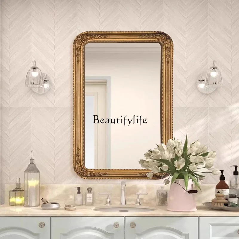 LJYEuropean luxury bathroom mirror American old decorative French retro square bathroom mirror
