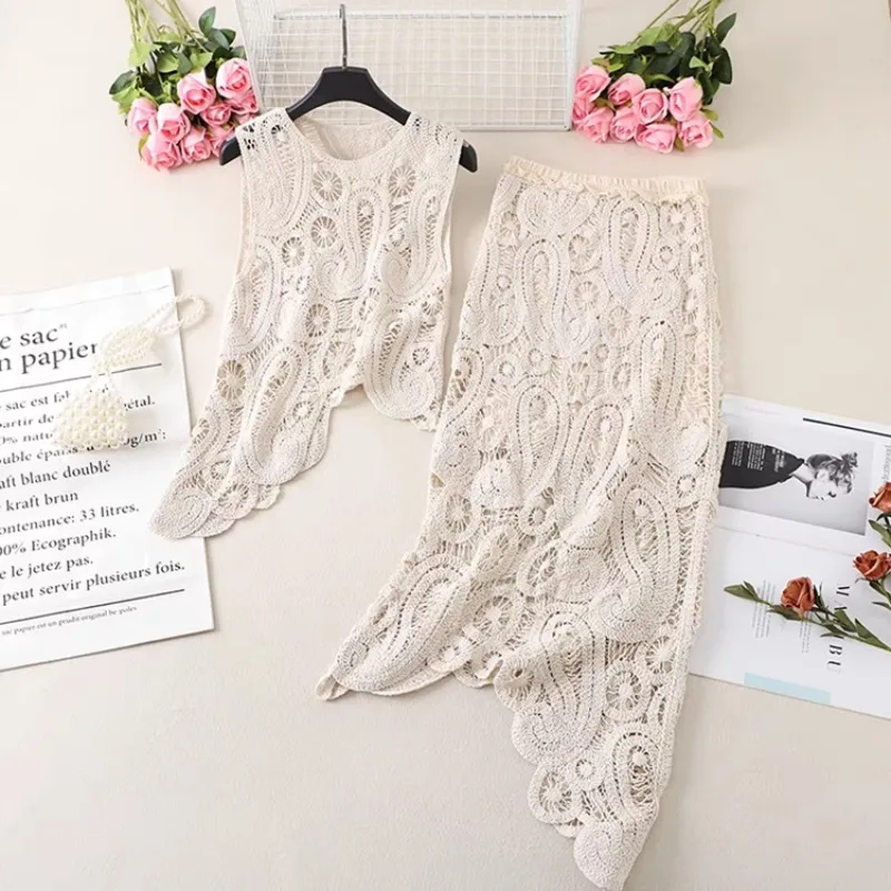 Chic Retro Hollow Mesh Hook Flower Tank+Elastic Waist Midi SKirt 2-piece Set Summer Women's Sets New Skinny High Waist Skirt Set