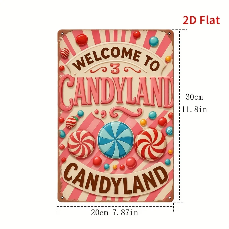 2D Flat - 1pc of Vintage Style 2D Flat Tin Sign - Iron, Candyland Welcome, Rustic Metal - Perfect Gift