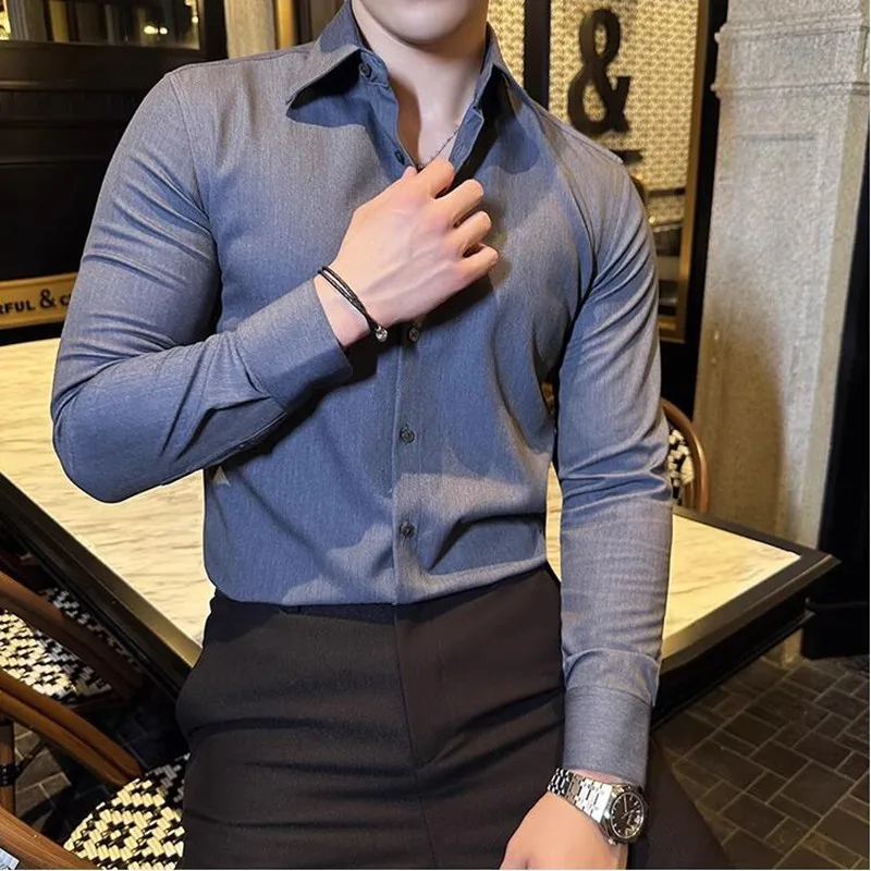 2025 Autumn New Fashion Lapel Shirt Men Long Sleeve Solid Color Casual Slim Fit Business Dress Shirts Social Party Men Clothing