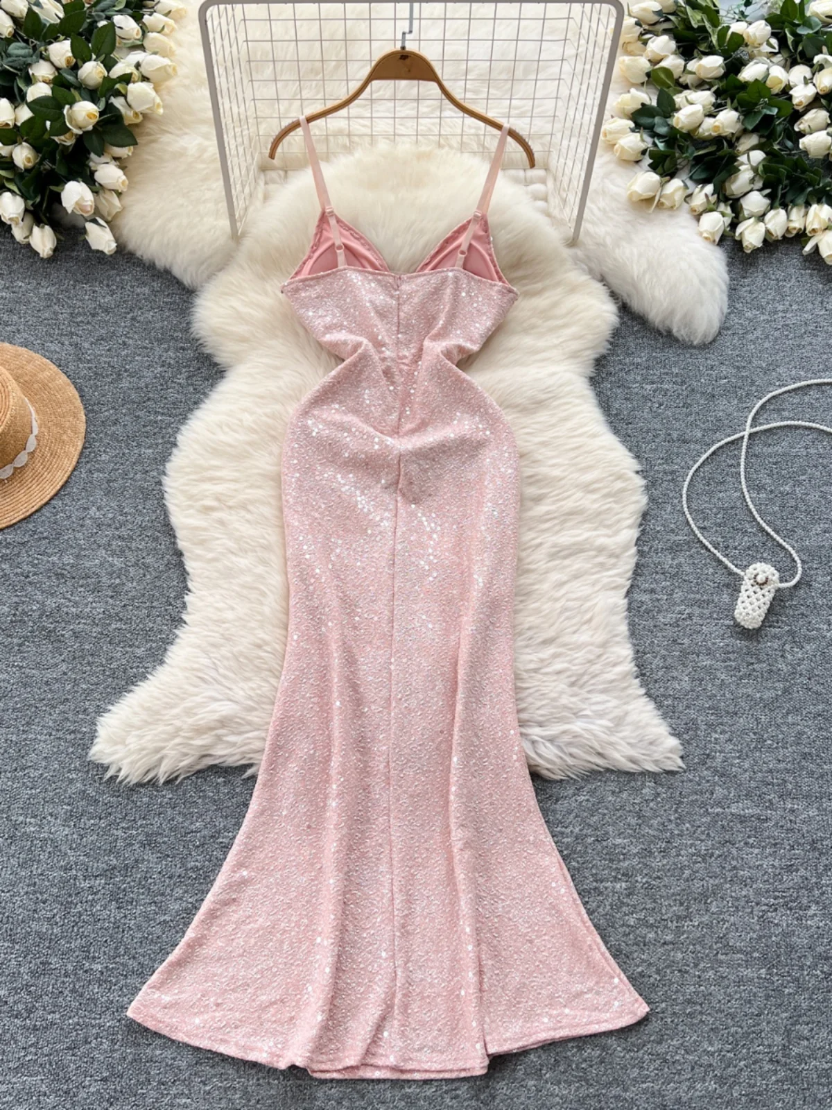 فستان طويل لامع مزين بالألماس على شكل حرف v مثير على طراز الآلهة للنساء، فستان سهرة للتخسيس على الطراز الكوري، تنورة عالية ال... #3