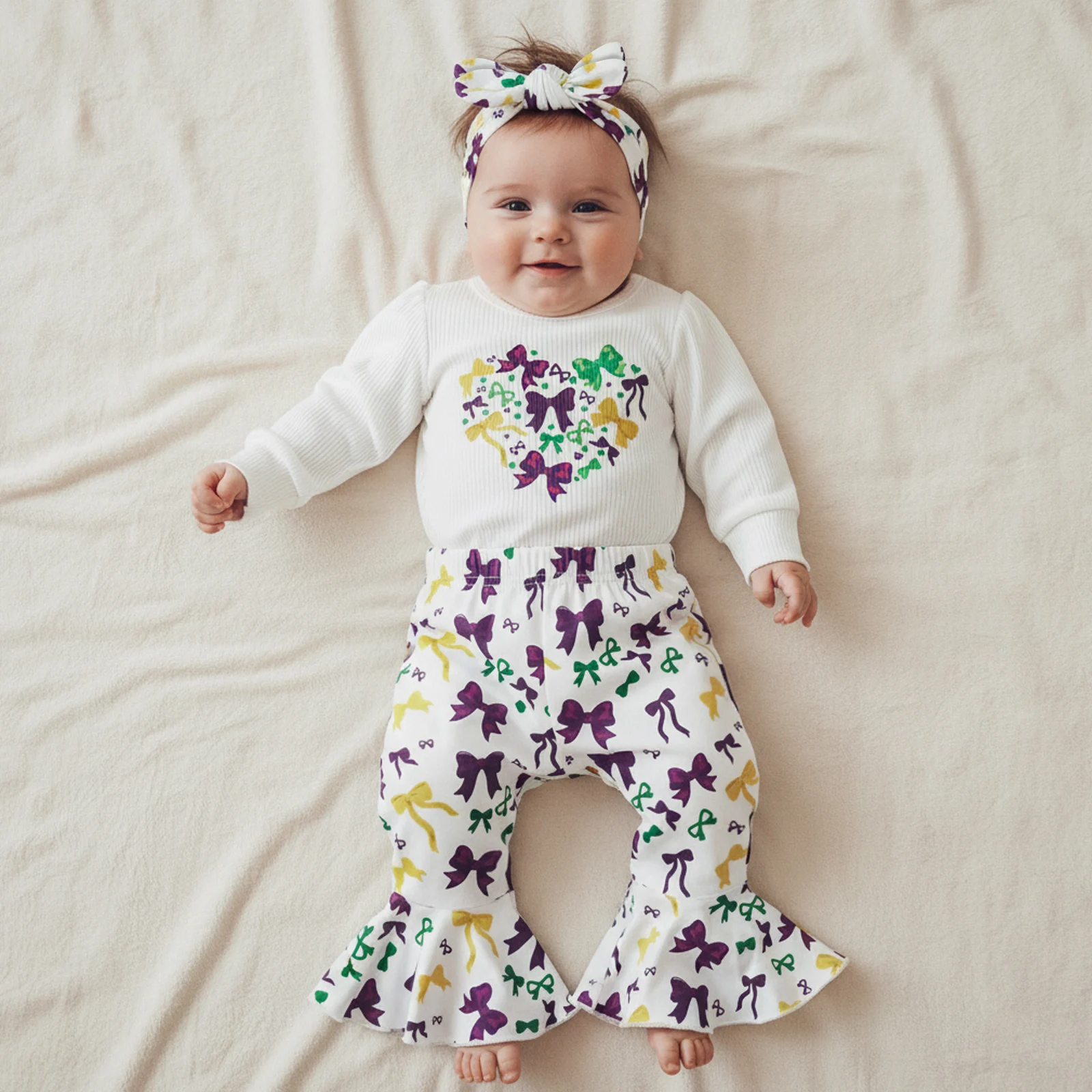 Infant Baby Girl MardiGras Outfit Bow Print Crew Neck Long Sleeve Ribbed Romper Elastic Waist Flared Pants and Headband 3Pcs Set