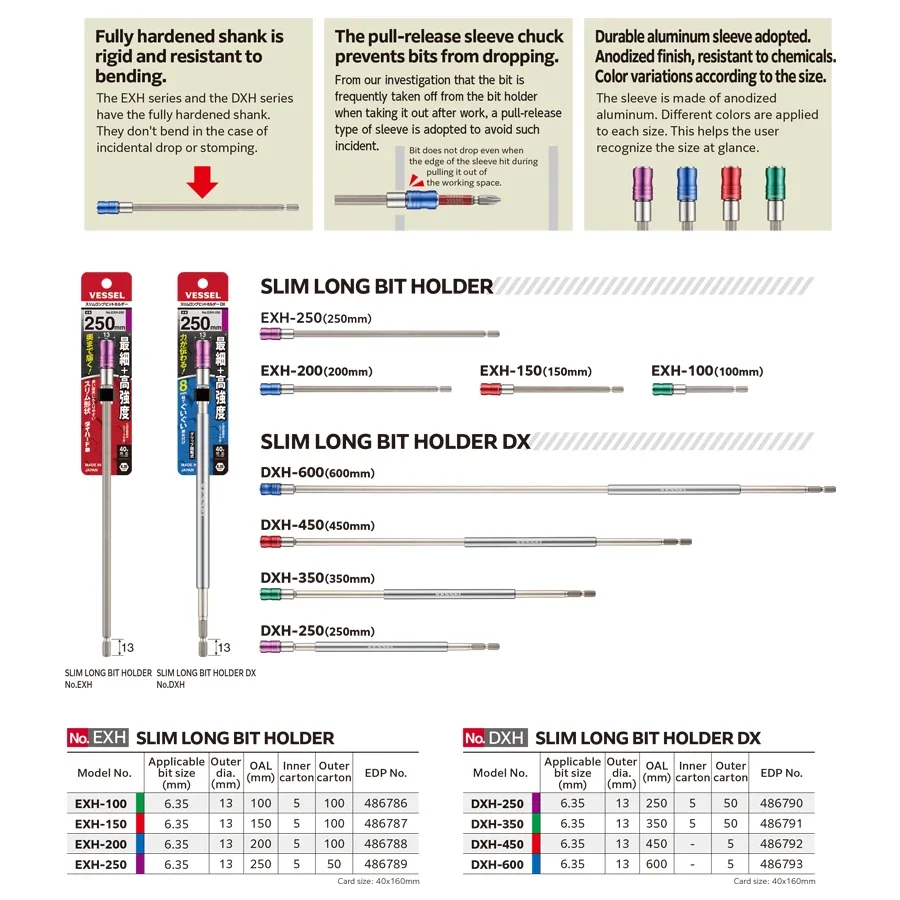 VESSEL DXH-250 DXH-350 DXH-450 EXH-100 EXH-150 EXH-200 EXH-250 Drill Bit and Batch 1/4-inch Extension Hand Tools