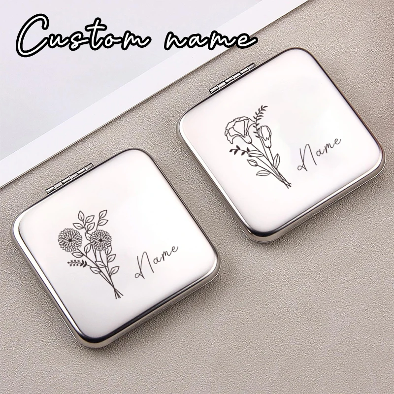 

(Customized Flower Text) Portable Mirror Folding Stainless Steel Makeup Mirror Double sided Metal Mirror