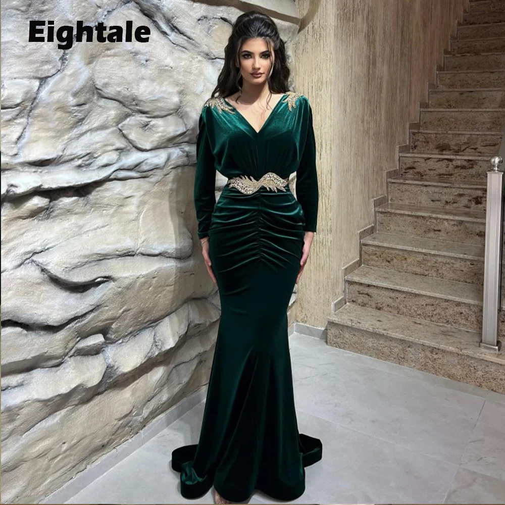 Eighttale-vestido de terciopelo de noche para fiesta de boda, manga larga con cuello en V, verde, cuentas doradas, Dubai, elegante, árabe, vestidos sirenas para graduación