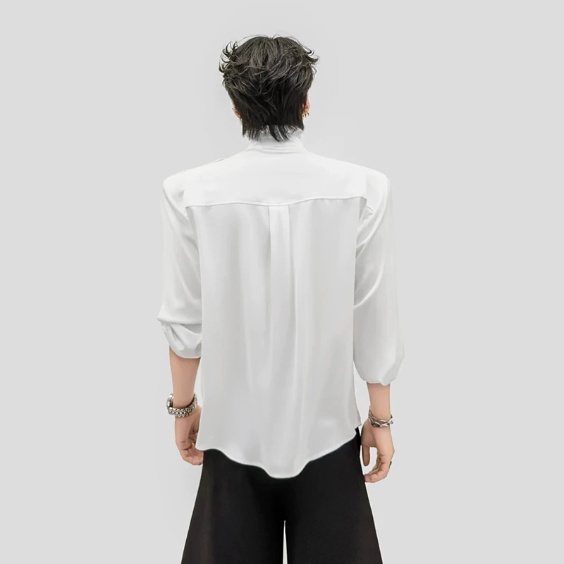 Niche Stand Collar Ruffled Shirt Men Satin Double Pocket Design Long Sleeve Loose Shirts 2026 Autumn New Trend VD5HY