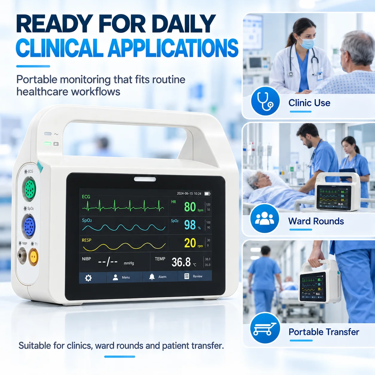 Resoxy E5 Multi Parameter Patient Monitor ECG SpO2 NIBP RESP TEMP Vital Signs Monitor 5 Inch Touch Screen Portable Device