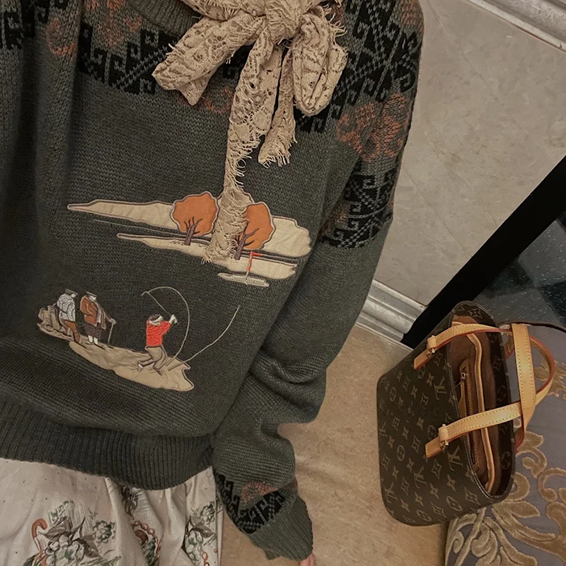 

Винтажный шерстяной свитер в стиле середины века 50-х годов с вышивкой и пэчворком, нейтральный цвет, круглый вырез, длинный рукав, стандартный крой, трикотаж из смесовой шерсти