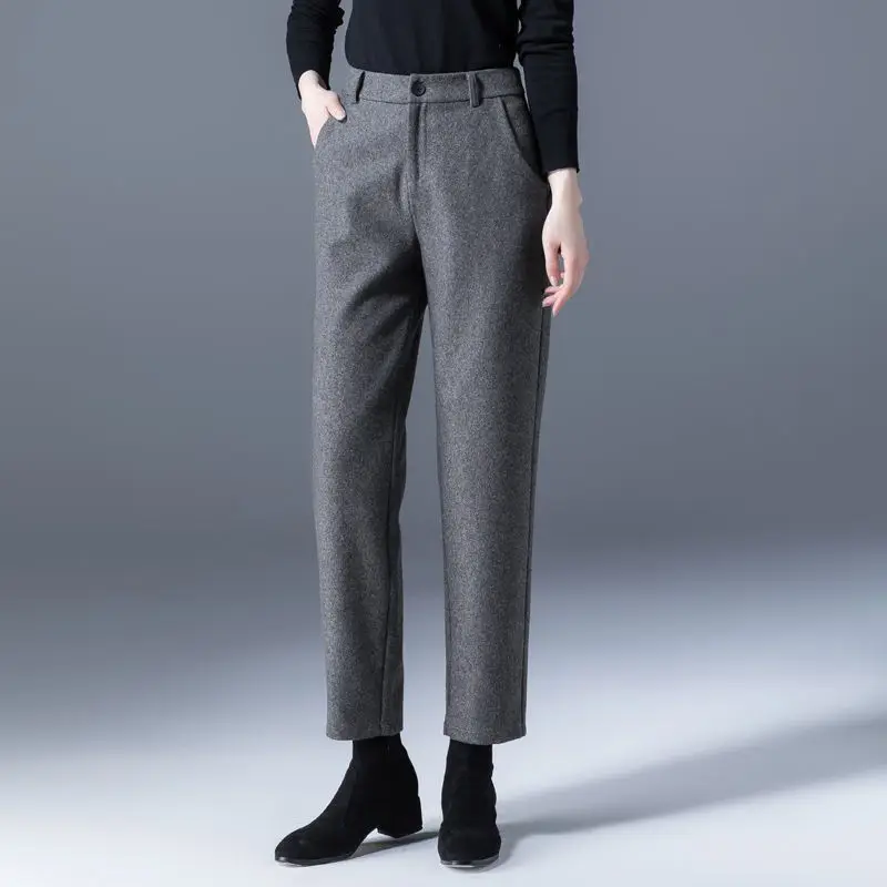 Autumn Winter Women\'s Thicken Pants New Solid Pocket Button Zipper Korean Fashion High Waist Haren Ankle Length Woolen Trousers