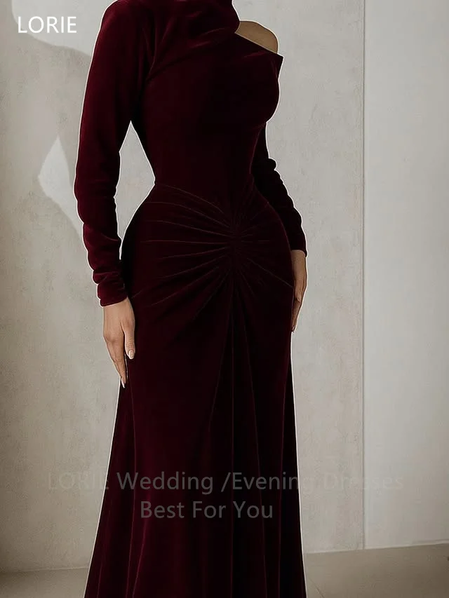 LORIE ชุดเดรสปาร์ตี้สีแดงเบอร์กันดีสุดหรู ผ้ากำมะหยี่ แขนยาว ชุดราตรีออกงาน จับจีบ ทรงเมอร์เมด ชุดราตรีงานพรอม สามารถสั่งตัดได้