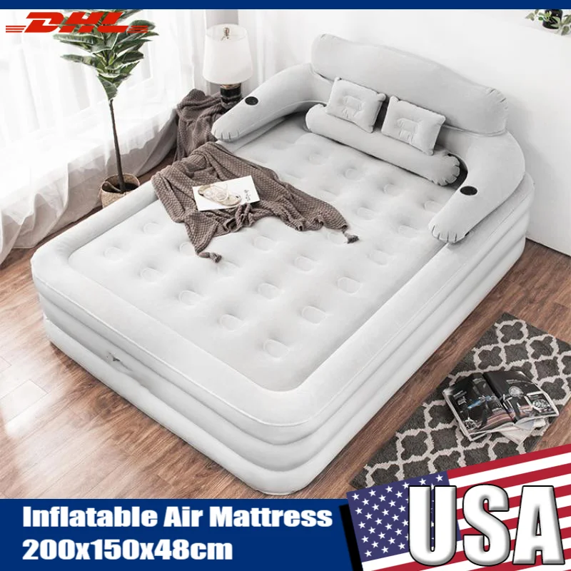 Colchón de aire con cabecera, colchón de aire inflable para el hogar, cojín de descanso para acampar al aire libre, cama de aire portátil para viaje RV Camper