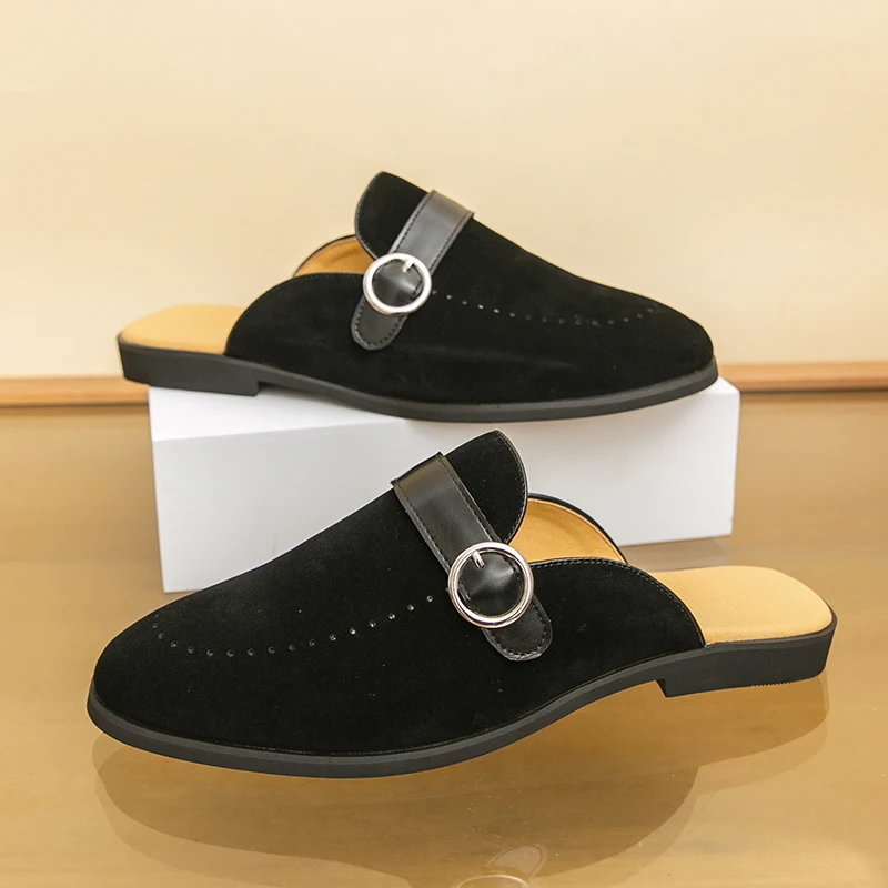 Plus Size 46 Mules Men's Half Slippers Suede Leather Slip On Flats Male Backless Dress Casual Shoes Moccasins Open-back Loafers