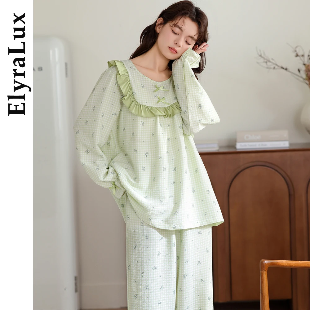

ElyraLux Autumn Princess Style Women's Loose Overhead Cloud Cotton Gauze Sleepwear Double Layer Cloud Comfortable Home Clothes