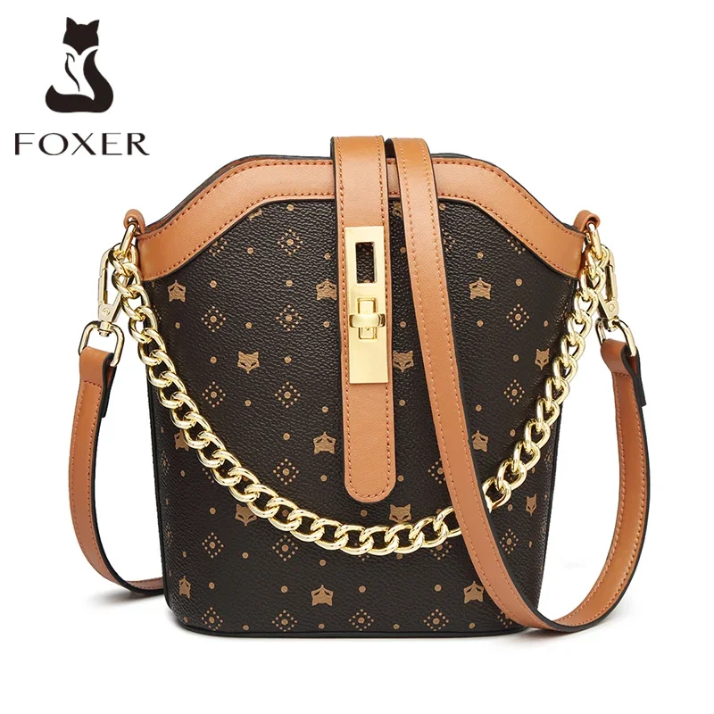 FOXER Monogram PVC Crossbody Bag Vegan Leather Lady Bucket Shoulder Bag With Adjustable Strap Women Designer Small Chain Handbag