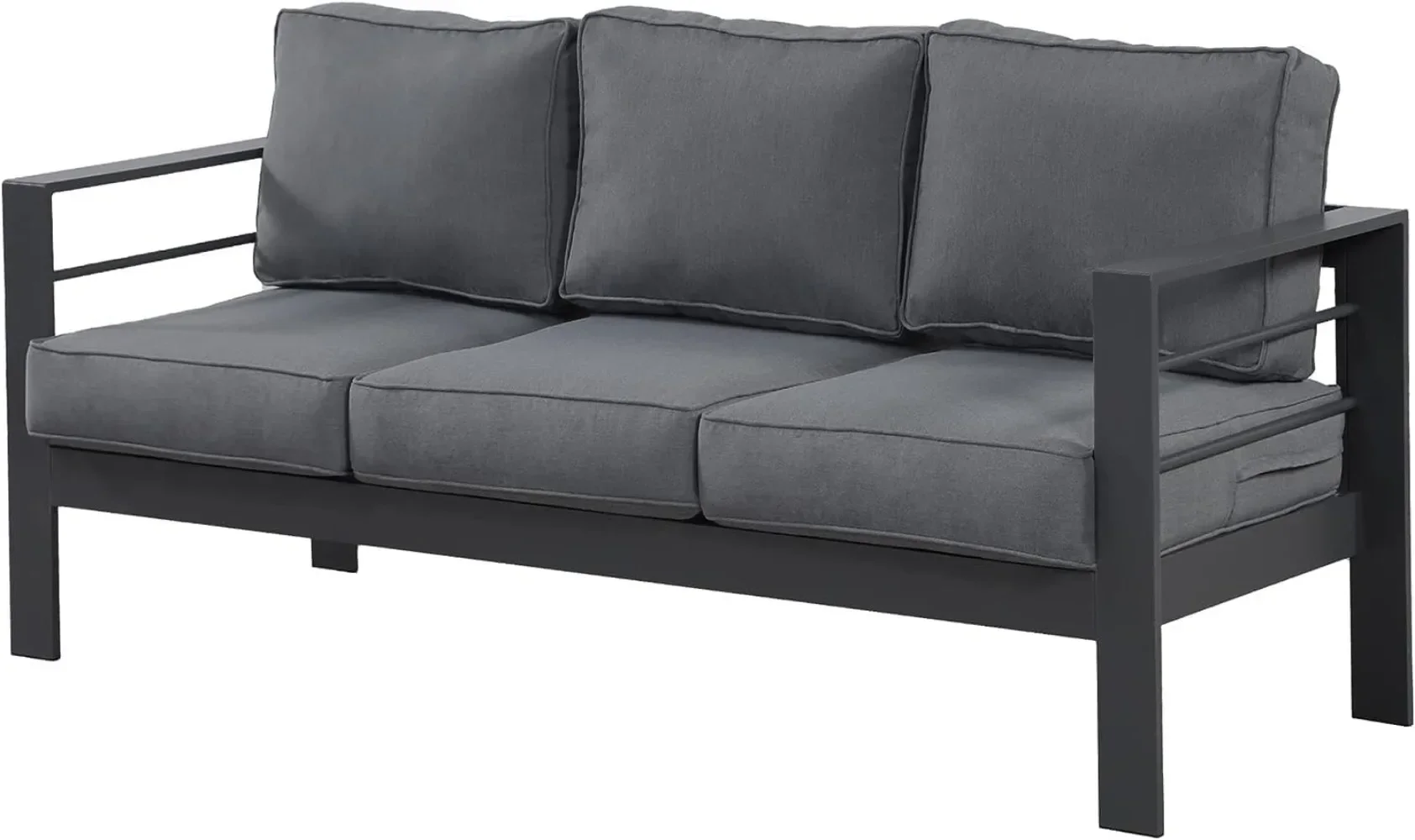

%a Patio Furniture Aluminum Sofa All-Weather Outdoor 3 Seats Couch Gray Metal Chair with Dark Grey Cushions