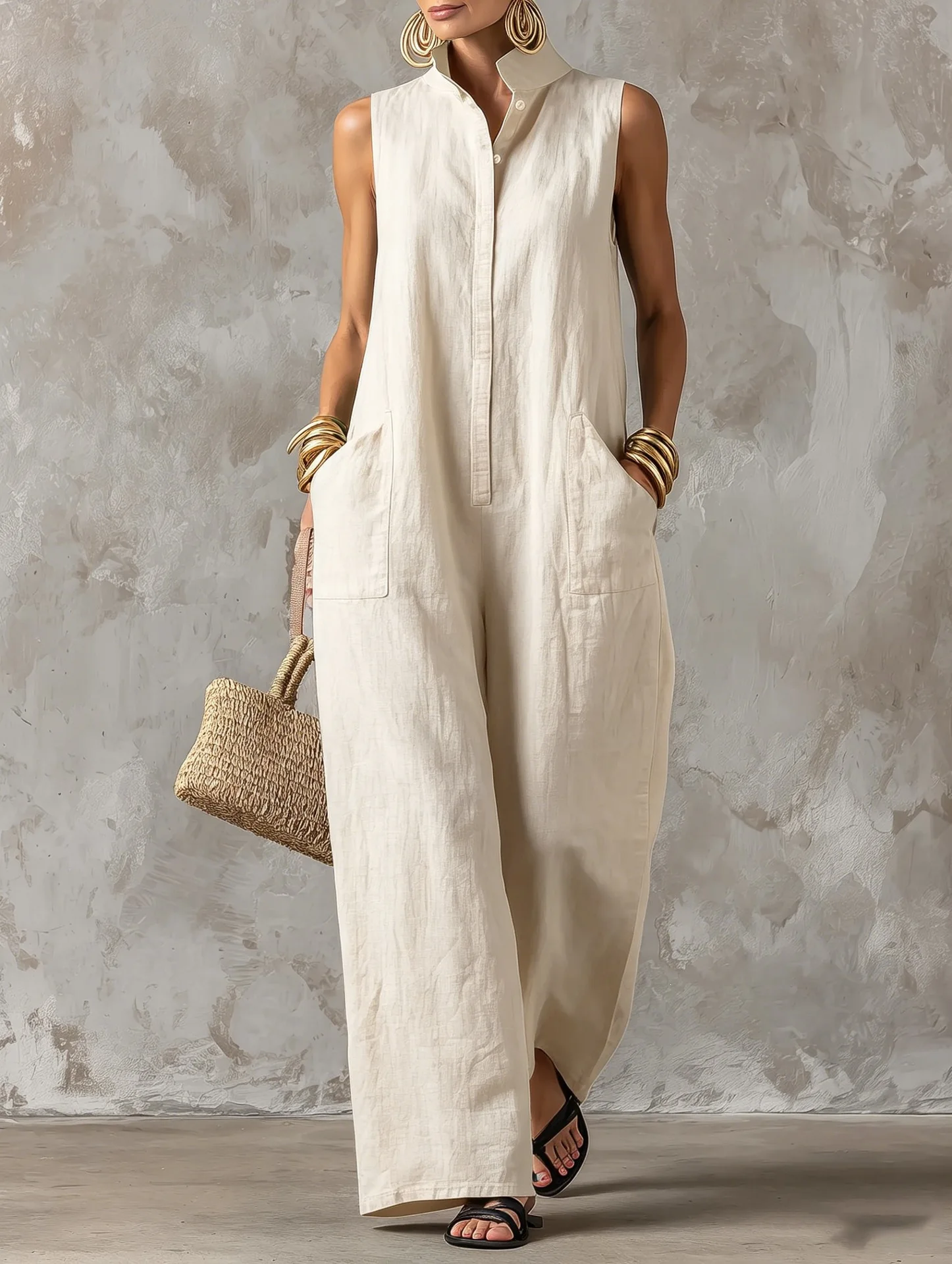 Urlaubs-Jumpsuit mit Stehkragen, ärmellos, aus Leinen, mit Knopfleiste, locker geschnittene, weitbeinige Hose, Damenbekleidung – Detail 17