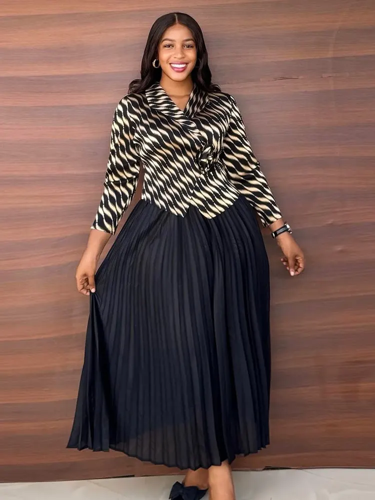 Rican Accordéon Fold Long Sve Col rabattu Décoration florale Faux deux pièces Impression dorée Longue Dr Ele Haute Wa...