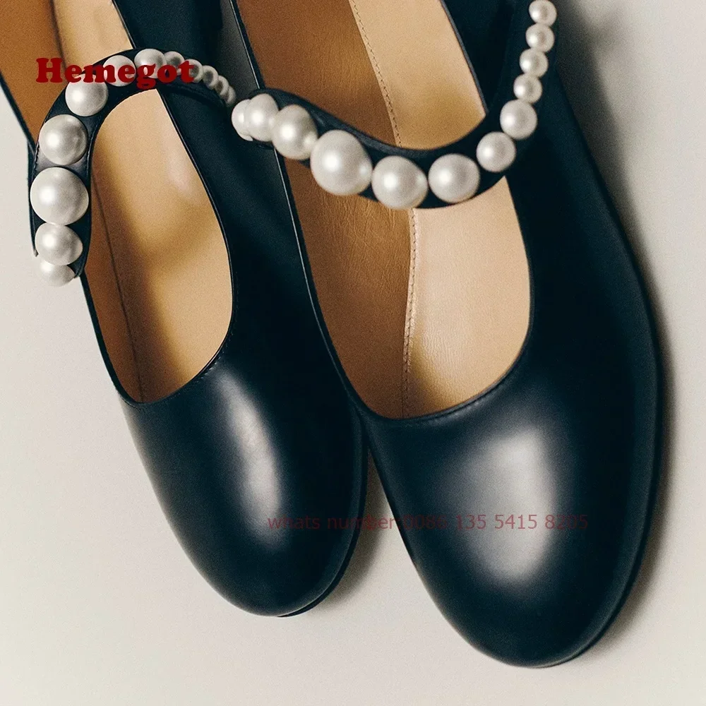 Flat with One Strap Round Toe Glossy Women's Pumps Black Pearl Shallow Pumps 2026 Summer Autumn Runway Ballet Shoes Elegant