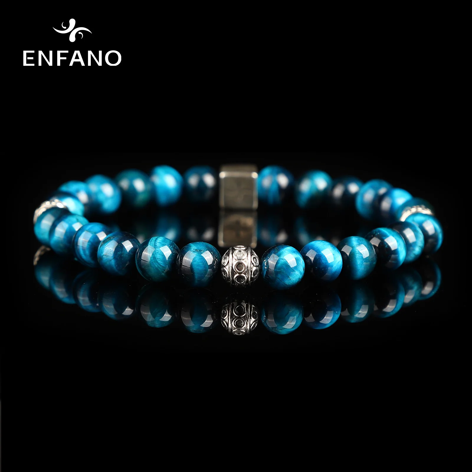 

ENFANO Sapphire Tiger Eye Stone Bracelet 8mm Round Bead Bracelet Classic Couple Gift Size Name Text Personalized Custom Jewelry