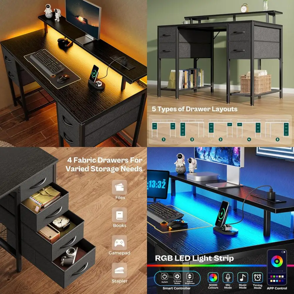 

Large 47 Gaming Computer Desk with LED Lighting and 4 Storage Drawers, Featuring Power Outlets for Home Office Use