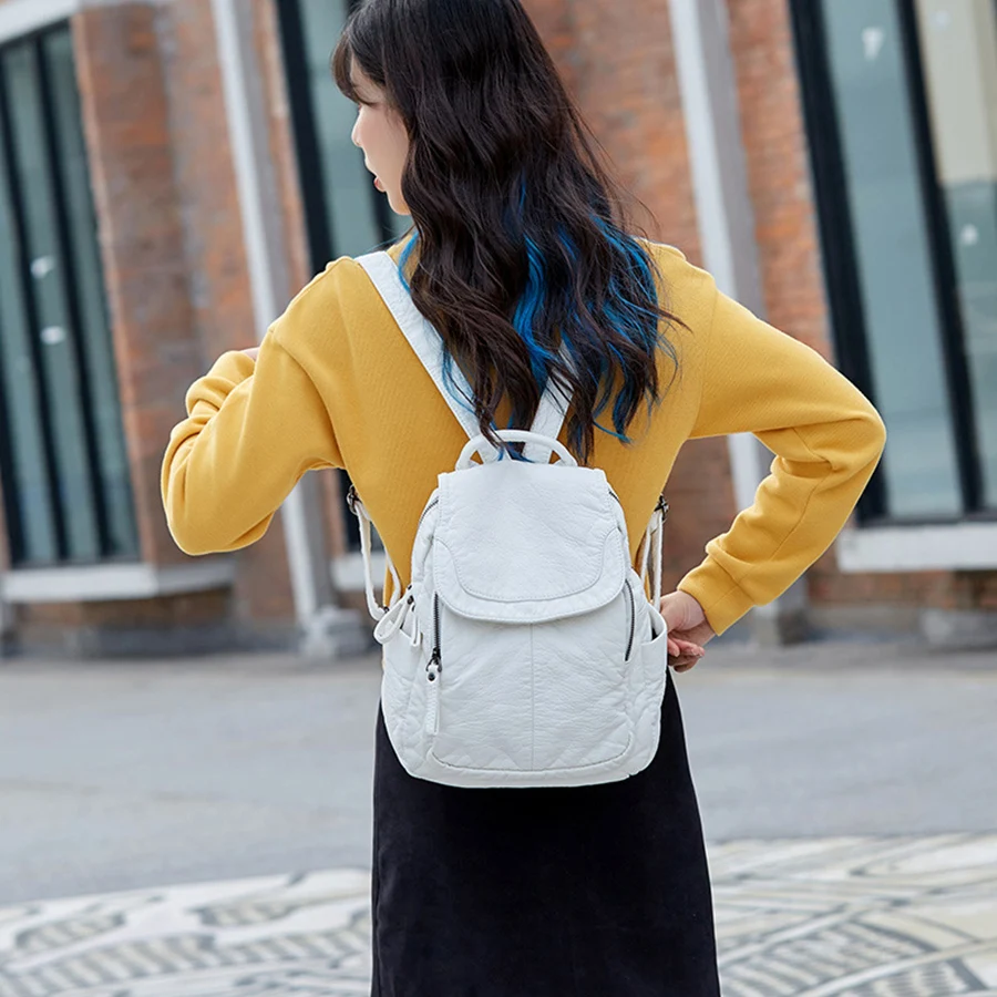 Pu Leather Flip Backpack Women's Travel Bag Fashion Women's Fashion School Bag Tide Casual Fashion Soft Leather Shoulder Bag ﻿