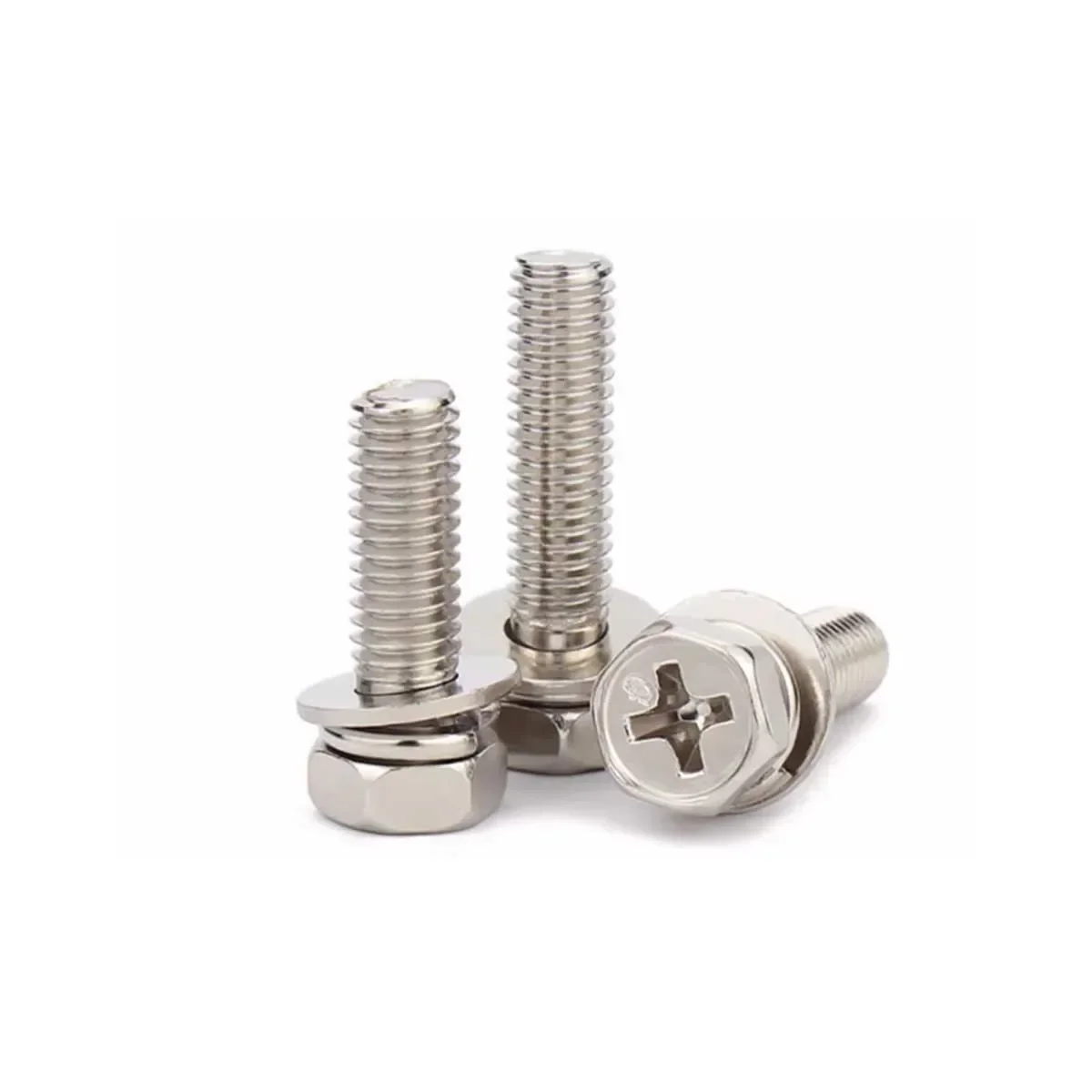 

Iron Plated Nickel Cross Groove External Hexagonal Triple Combination Screw With Flat Washer And Spring Washer Bolt