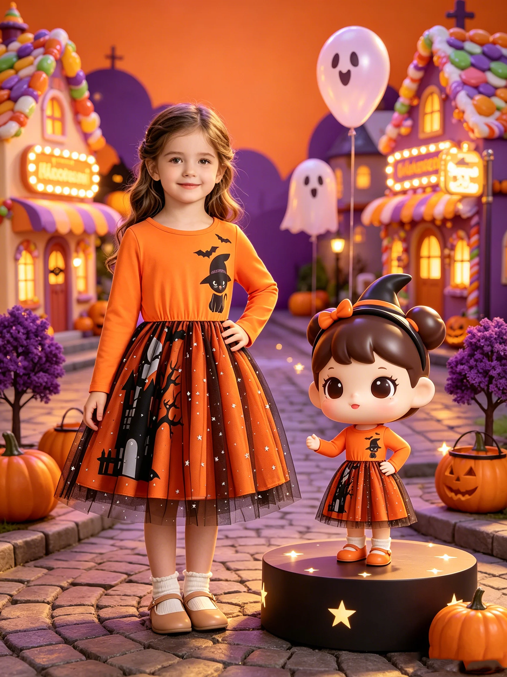 Children's Halloween Cat Pattern Printed Dress Comfortable round Neck Long Sleeve Waist Mesh Dress for Kids