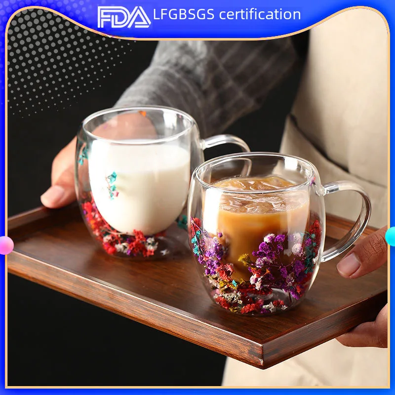 Online celebrity real flower double-layer glass high-looking creative household coffee cup with handle Cup gift Lebron james Dad