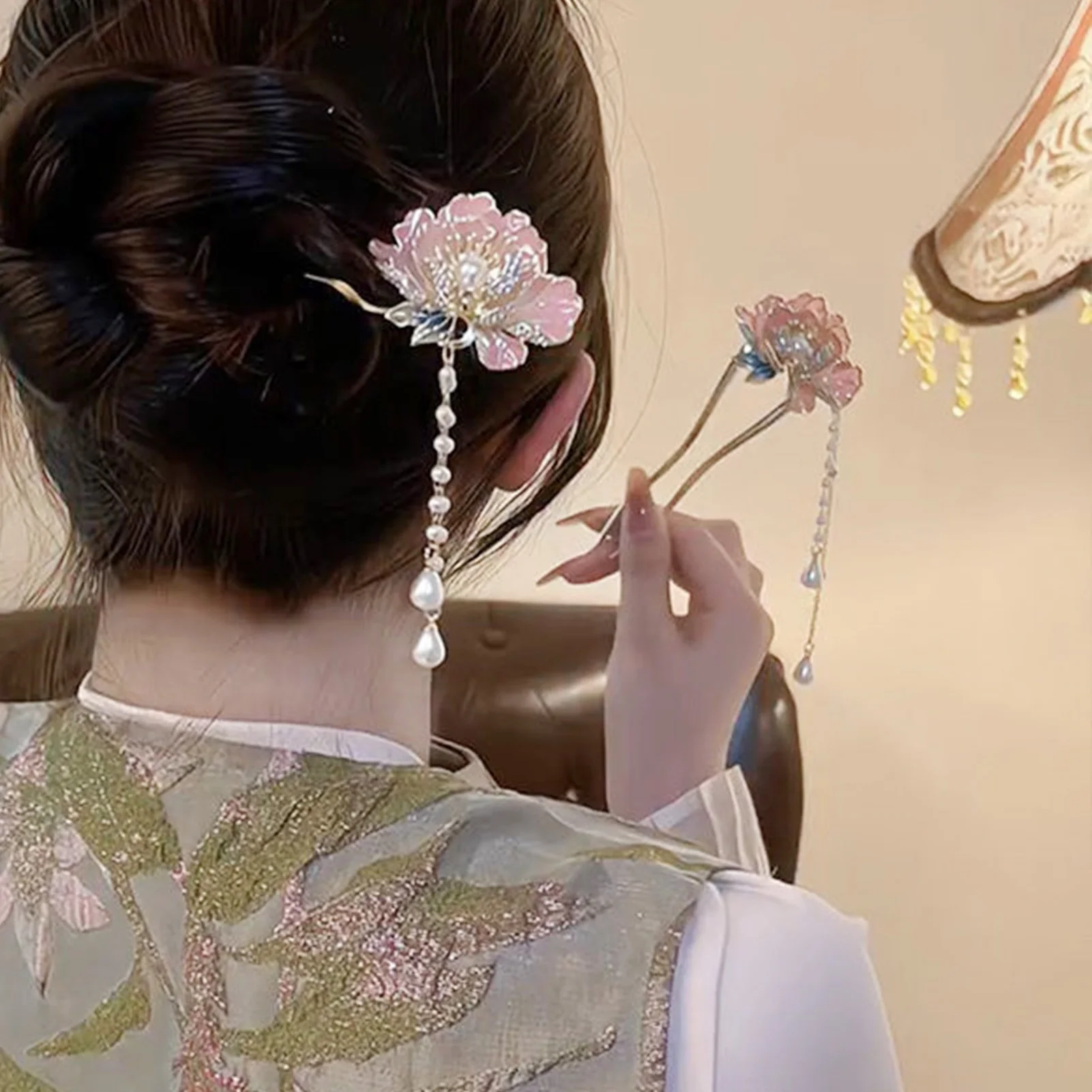 U Shape Peony Hairpin Enamel Flower Hair Clips Chinese Style Hair Sticks Women Girls Long Tassel Hanfu Jewelry Hair Accessories