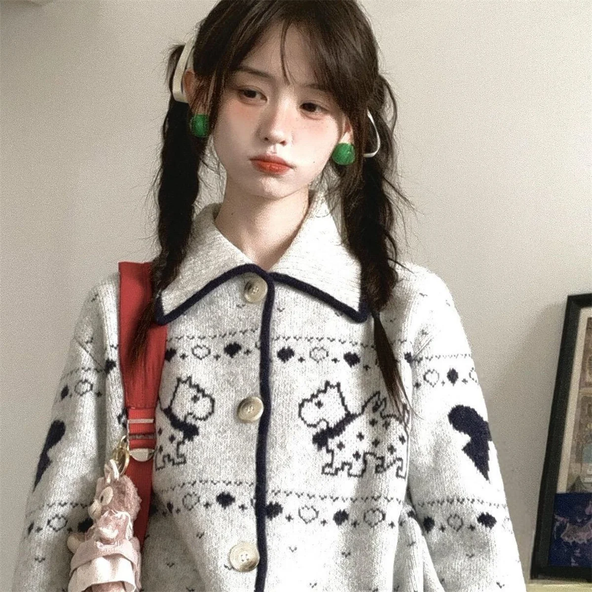 Cute Japanese Y2k Puppy Embroidered Cardigan 2000s Style Turn-down Collar Knitted Outerwears Vintage Harajuku Knitwear Korean