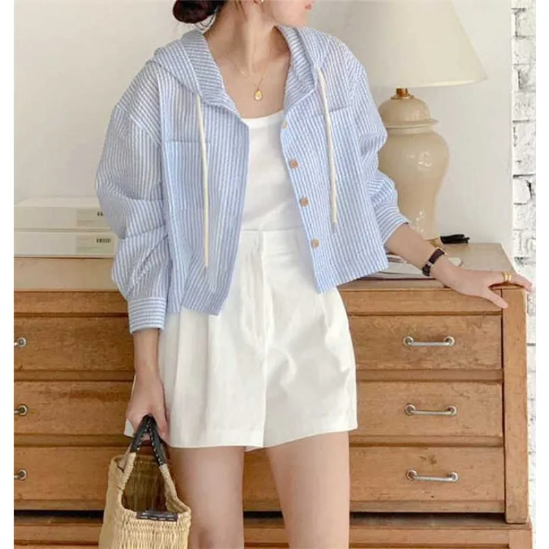 Abrigo holgado de verano para mujer, protección solar Irt Ort Svel Sweet Sle, aire acondicionado con sombrero, patrón de rayas, nuevo modelo