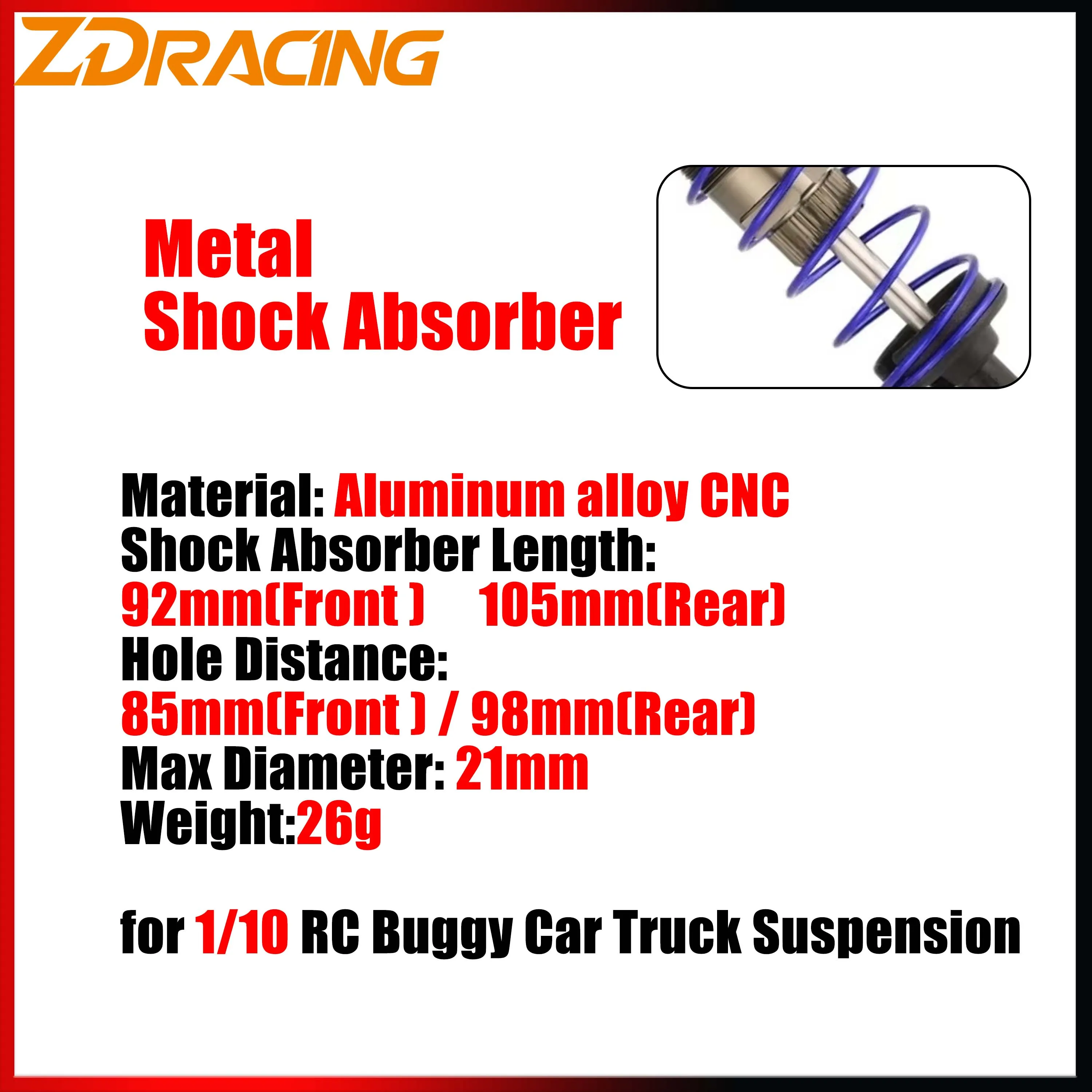 92mm dianteiro 105mm traseiro 1/10 rc carro metal amortecedor suspensão para zd racing redcat hongnor lrp hpi hobao caminhão parte