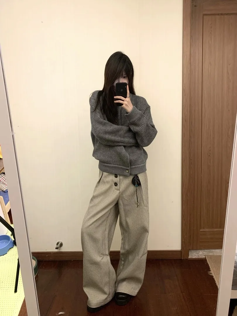 

Американские ретро-брюки в клетку с широкими штанинами и А-образным силуэтом, с отворотами, универсальные, для повседневной носки, длинные, в стиле CleanFit