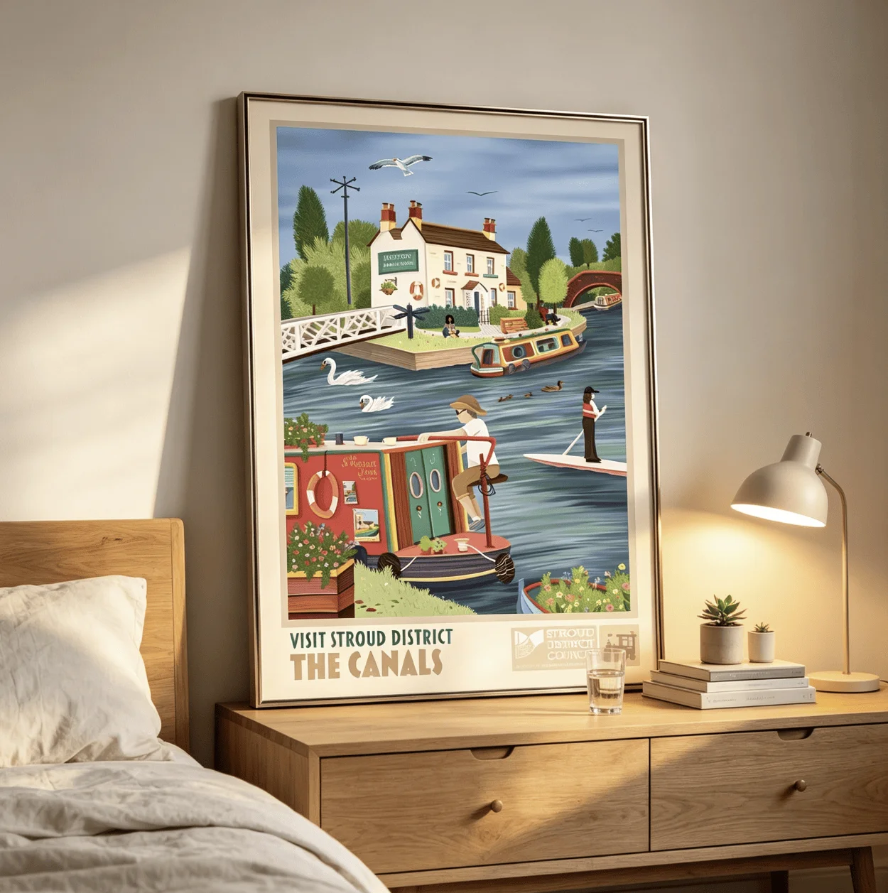 Vintage UK Stroud Canal Riverside Canvas Wall Art Prints Decor, Colorful Barge Swan Poster for Bedroom, Entryway, Cafe